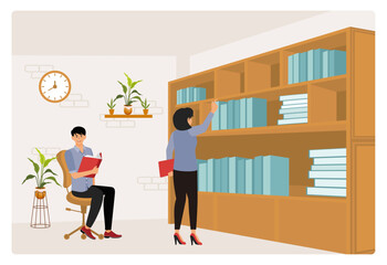 Library concept. Men and women reading books at Library .