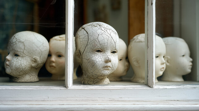 Eerie doll shop window display with creepy unsettling cracked doll  heads
