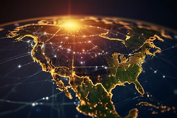 Digital world map displayed on a laptop screen, symbolizing global business and internet communication