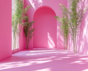 Pink interior with bamboo plants