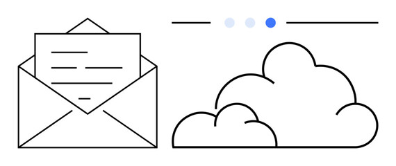 Open envelope with a letter alongside cloud graphics. Minimalist elements. Ideal for communication, data storage, file sharing, business, technology, networking, simple landing page