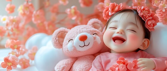 Baby with teddy bear among flowers