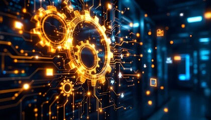 Detailed digital transformation concept with glowing gears, circuit patterns, and floating business icons, rendered with depth and dynamic lighting .
