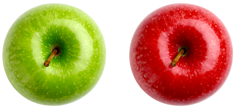 top view green and red apple isolated on white background