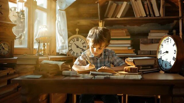 Little cute boy studying the scriptures at home, Christian bible study concept.
