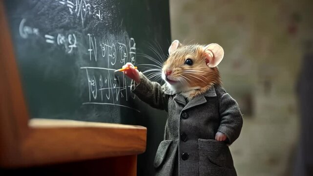 A white scientist mouse or guinea pig in a lab coat stands in front of a blackboard with the science formula.