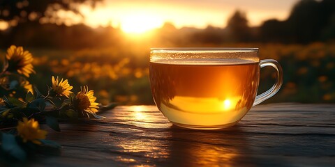 Sunrise tea in a field of flowers