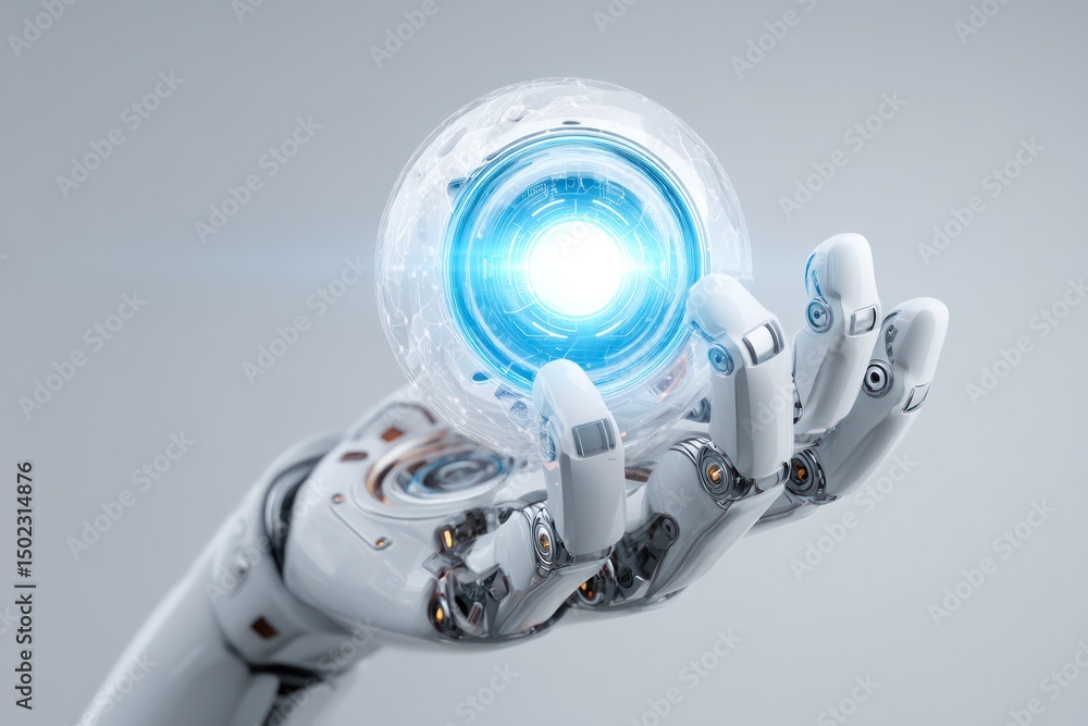 Poster high-tech robotic hand holding a tech item, symbolizing innovations in ai and automation.