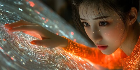 Woman interacts with luminous interactive display