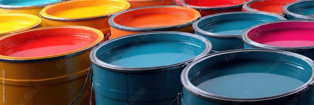 Aufkleber colorful paint buckets arranged neatly under bright lighting in a clean studio environment
