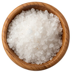 Round wooden bowl filled with coarse white sea salt crystals, natural seasoning with rough translucent texture, isolated on transparent background. 