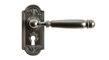 Elegant Black Metal Door Handle with Ornate Details isolated on transparent background