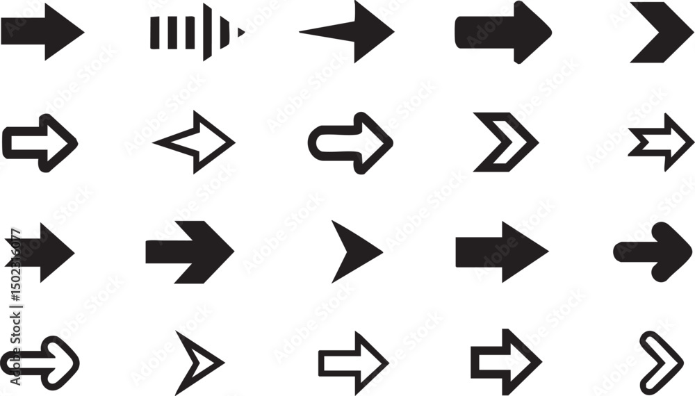 Poster collection of black arrows in various styles for ui design