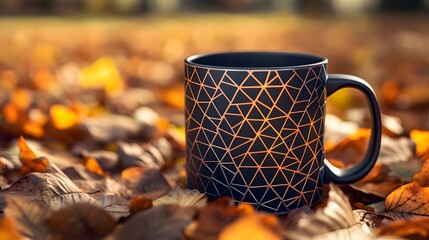 Coffee mug with geometric design on autumn leaves creating a cozy fall scene