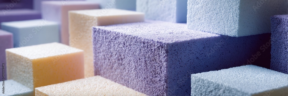 Poster foam polyurethane blocks arranged in a geometric composition with an empty upper zone