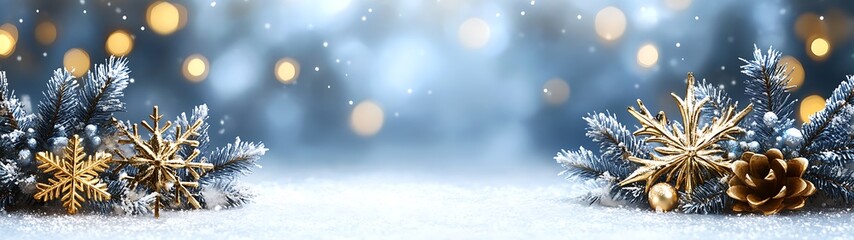 Winter decorations with snowflakes and pine cones