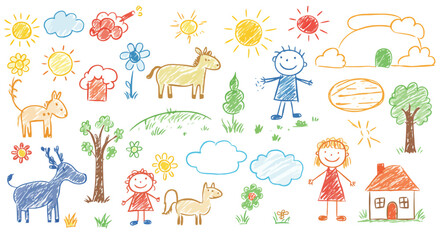 Fototapeta premium Childlike Crayon Drawings: Whimsical Landscape