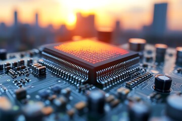 Modern chip on circuit board at sunset