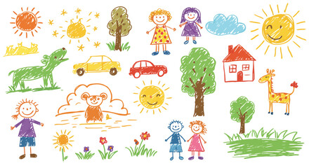 Childlike Crayon Drawings: Playful Vector Set