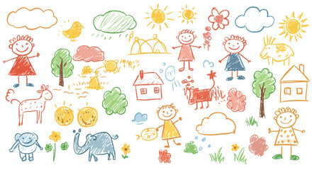 Childlike Crayon Drawings: Whimsical Doodle Collection