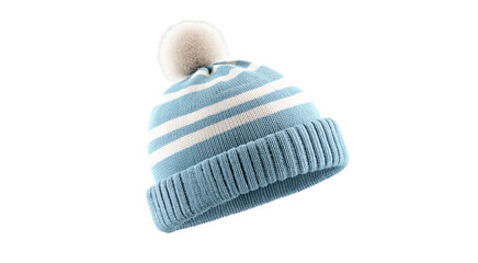 Light Blue Knit Winter Hat with White Stripes and Pompom isolated on transparent background