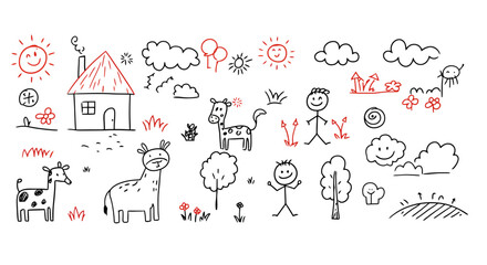 Childlike Doodles: Whimsical Farm and Nature Scene