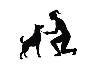 a woman training a dog silhouette vector flat icon illustration.