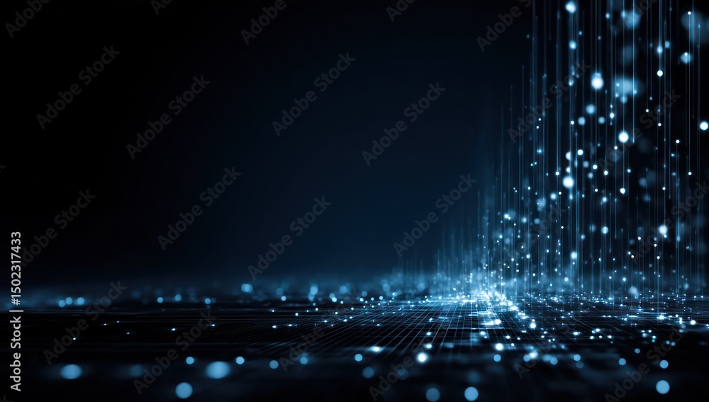 Poster futuristic digital environment with a tech-driven background in dark blue tones, emphasizing innovat