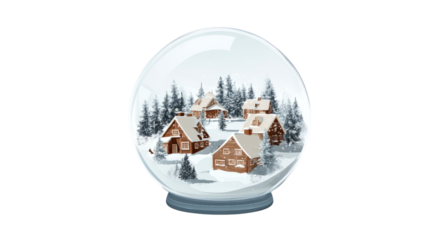 Winter Village Snow Globe Cozy Wooden Houses in Snowy Forest isolated on transparent background