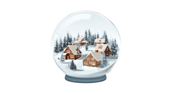 Winter Village Snow Globe Cozy Wooden Houses in Snowy Forest isolated on transparent background