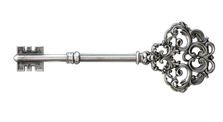 Ornate Silver Skeleton Key with Intricate Filigree Detail, on Black isolated on transparent background