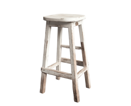 A rustic, whitewashed wooden stool with a simple, slightly worn design and four legs, featuring a rectangular seat and a ladder-style back support