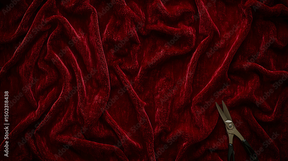 Poster luxurious red velvet fabric texture with sharp scissors, creating a dramatic and elegant backdrop. p