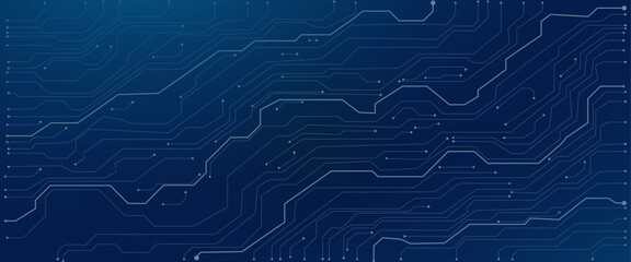   
Futuristic blue wires on a circuit board on a dark technological background. Thin lines and dots. Great for web banners and presentations. Tech bg. Digital navy pattern. Big data and AI innovations