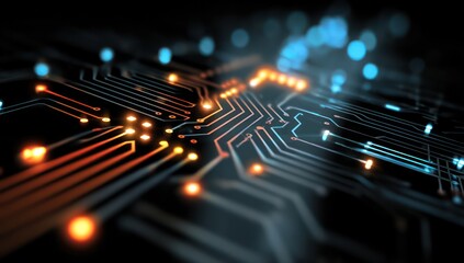 Digital data system with glowing circuits and interconnected digital pathways for advanced data flow.