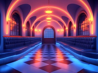 Retro neon lounge, arched hallway