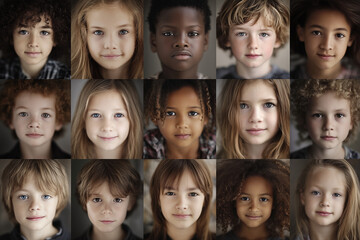 Fototapeta premium group of children with different hair colors and eye colors. The image is a collage of many faces, showcasing the diversity of the children