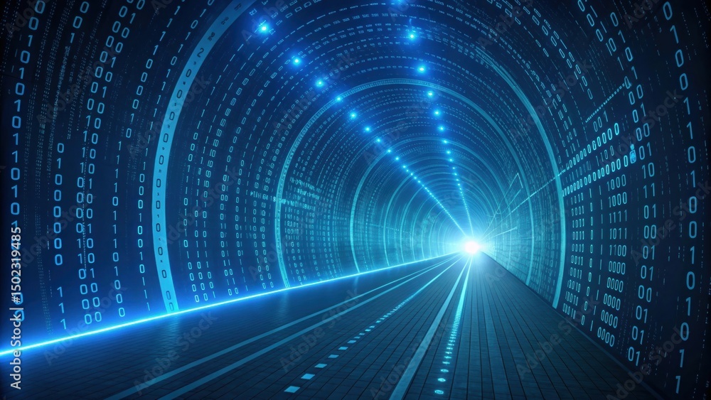 Poster digital tunnel with binary code and blue lights leading to a bright exit.