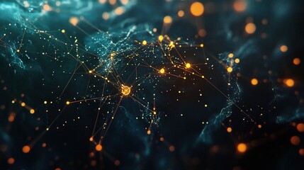 Obraz premium 3D infographic in dark blue and cyan color scheme, global network connection system with glowing nodes and thin lines representing digital communication, transmission and internet technology.