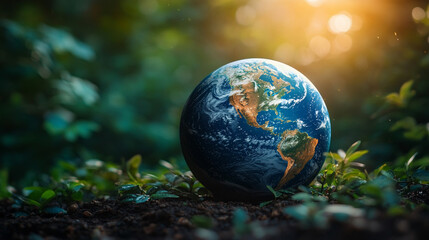 Floating shiny Earth globe with a modern, polished look, symbolizing global awareness and environmental responsibility. Vertical layout with clean caption space on the side for message placement.

