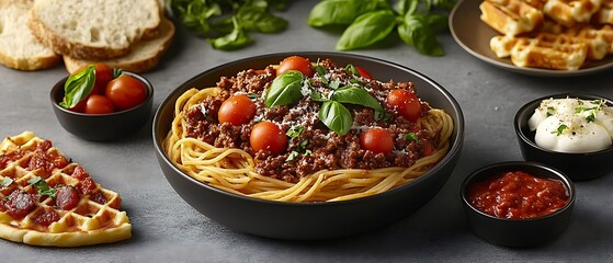 Spaghetti bolognese with waffles, bread