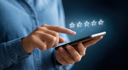 Close-up of hands using a smartphone, four glowing stars appear above the screen, symbolizing a positive review or rating