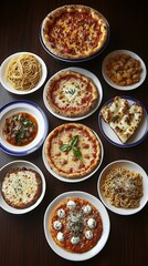Italian food, pizza, pasta, table