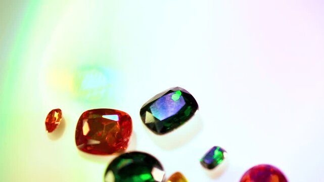 gemstones on a white table in multicolor illumination