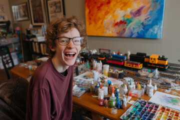 young boy is sitting at a table with a variety of art supplies, including paints and a train set. He is smiling and he is enjoying himself. Concept of creativity and playfulness