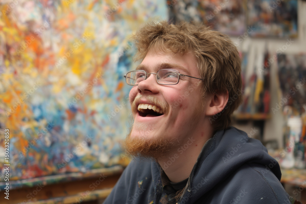 Poster man with glasses and a beard is smiling and laughing. he is sitting in front of a painting with a co