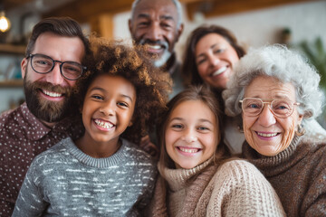 family of five people, including a young girl and an elderly woman, are smiling and posing for a photo. Scene is happy and warm, as the family members are enjoying each other's company