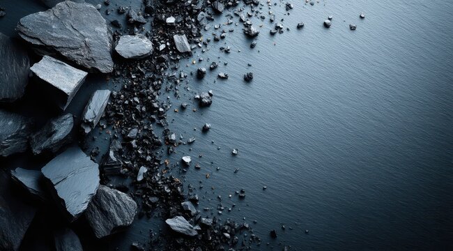 Dark slate surface with scattered dark gray and black irregular stone fragments and fine particles, leaving ample empty space