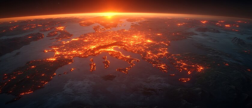 European cities illuminated at sunrise
