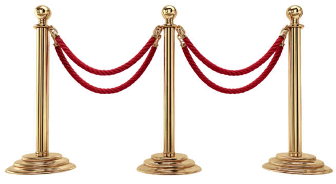 Three Gold Stanchions with Red Velvet Rope Barrier isolated on transparent background